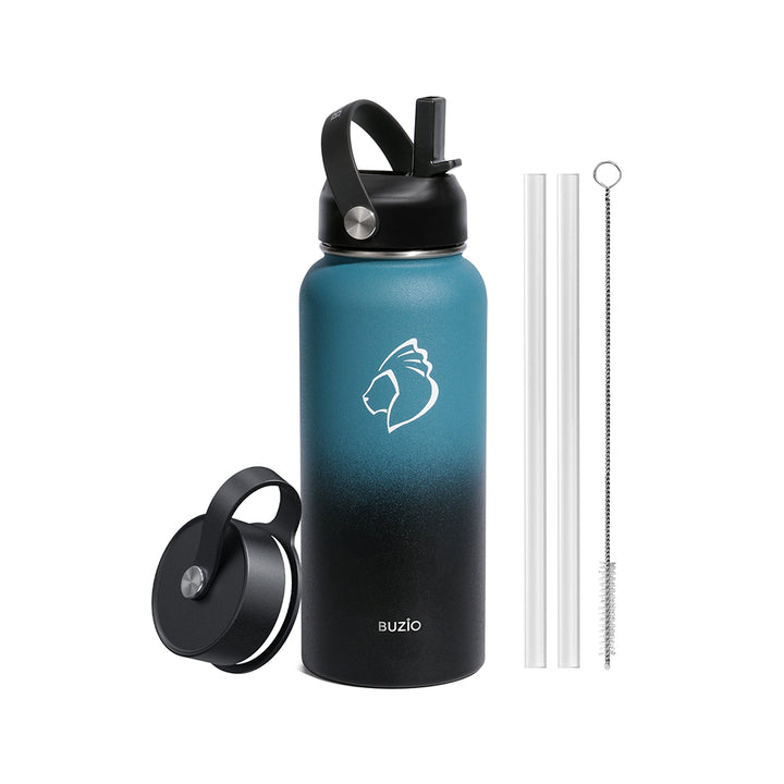 Gallon Water Bottle 128 oz with Straw Lid and Carrying Sleeve, BUZIO  Insulated Water Jug 128oz Stainless Steel with Two Beer Cups, Hot Cold  Hydro