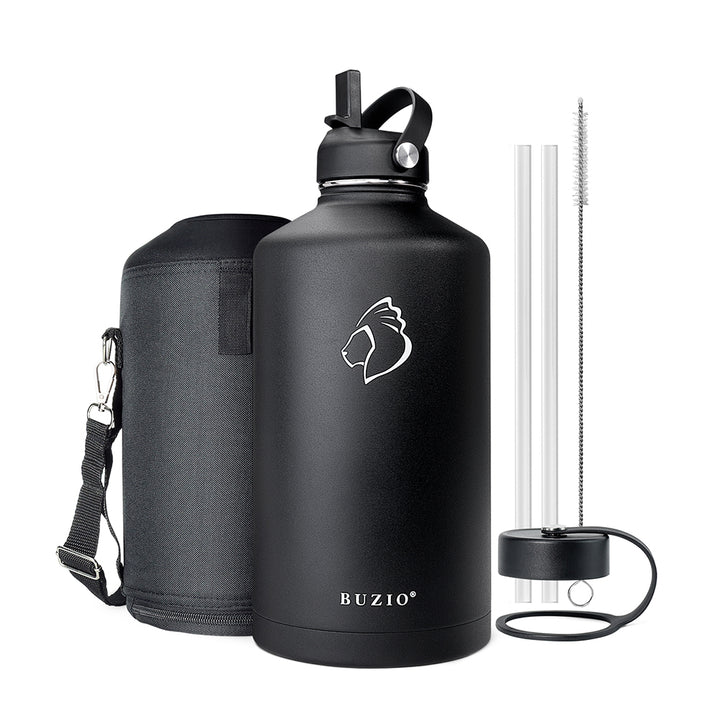 BUZIO Sports Water Bottle, One Gallon Insulated Water Bottle with Handle,  Black Double-Walled Vacuum Stainless Steel Water Bottle with Wide Mouth and